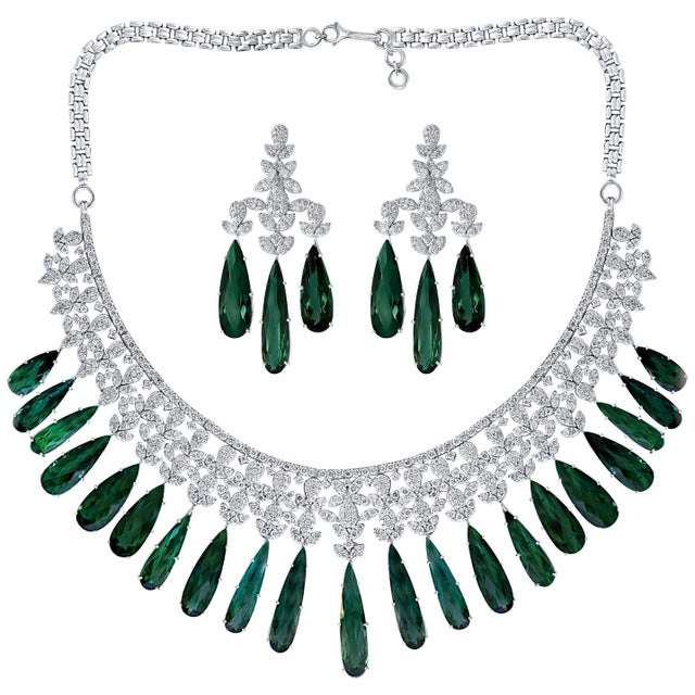110 Carat Tear Drop Green Tourmaline and 25 Ct Diamond Necklace Suite 18 K Gold For Sale - Image 15 of 18