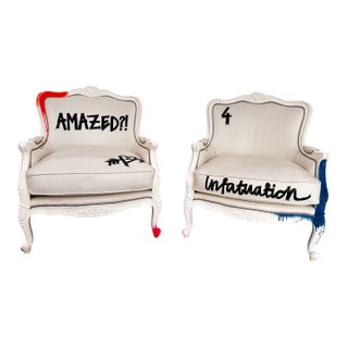 Pair of Bespoke Jimmie Martin Hand-Painted White Leather Graffiti Armchairs For Sale