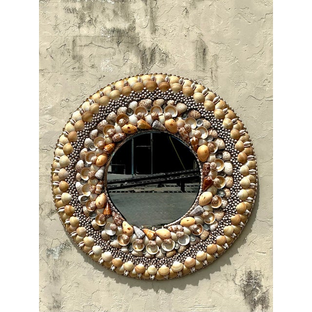 Wood Vintage Monumental Shell Encrusted Round Mirror For Sale - Image 7 of 12