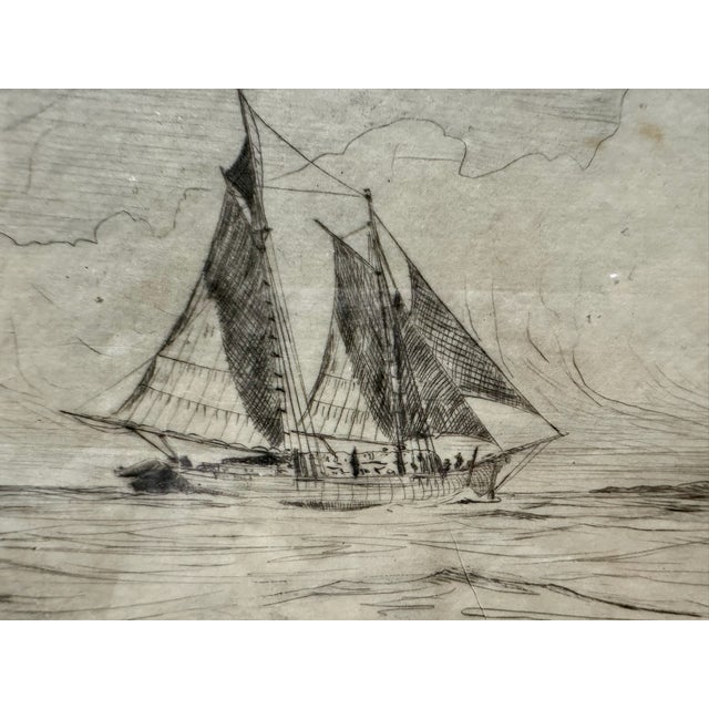 Black 1920s Pair of Signed j.p. Benson Maritime Sailing Ship Etchings in Burl Wood Frames For Sale - Image 8 of 13