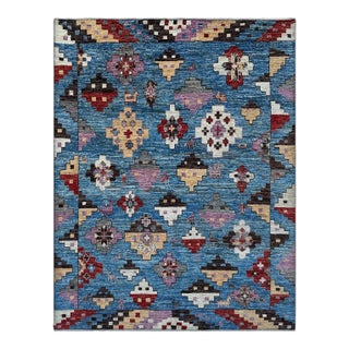 Blue & Lavender Tribal Kazak Hand-Knotted Wool Area Rug - 8'1" X 9'9" For Sale