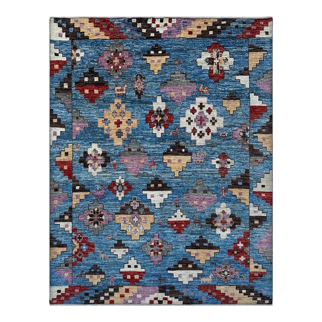 Blue & Lavender Tribal Kazak Hand-Knotted Wool Area Rug - 8'1" X 9'9" For Sale