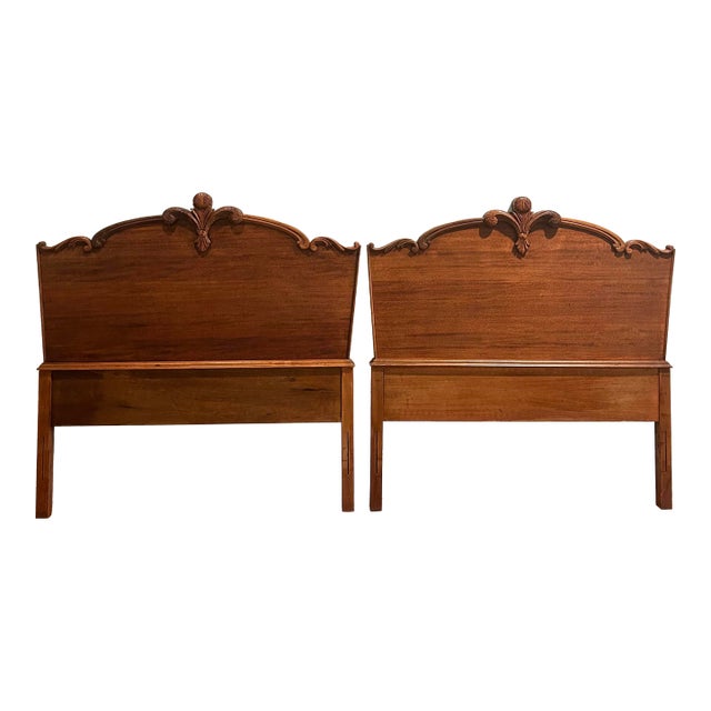1940’s French Provincial Louis XV Style Walnut Twin Headboards With Carved Crest - A Pair For Sale