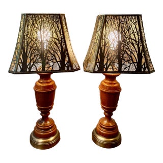 Wooden Table Lamps With Metal Tree Silhouette Shades For Sale