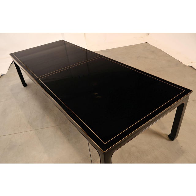 Custom Black Lacquered 12 Foot Extendable Dining Table With Gold Line Inlay For Sale - Image 4 of 18