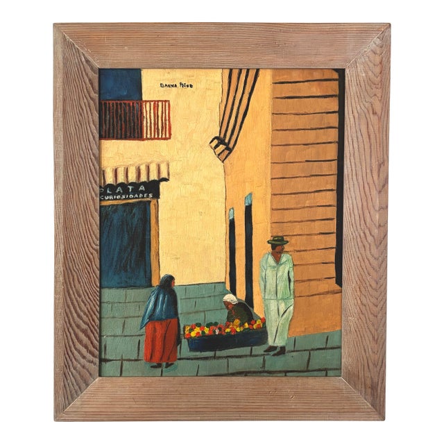 1970s Folk Art Mexican Painting of a Street Scene With Figures, Signed For Sale