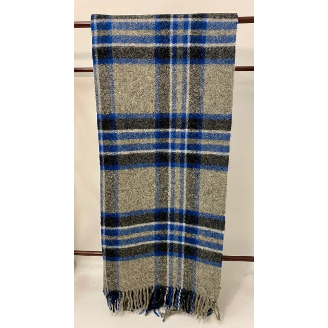 Super Soft Merino Wool Throw in a Masculine Grey & Blue Plaid Pattern. Made in England For Sale - Image 10 of 10