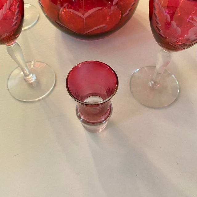 Cranberry Glass Decanter 6 Port Glasses and Shot Glass Stopper For Sale - Image 4 of 14