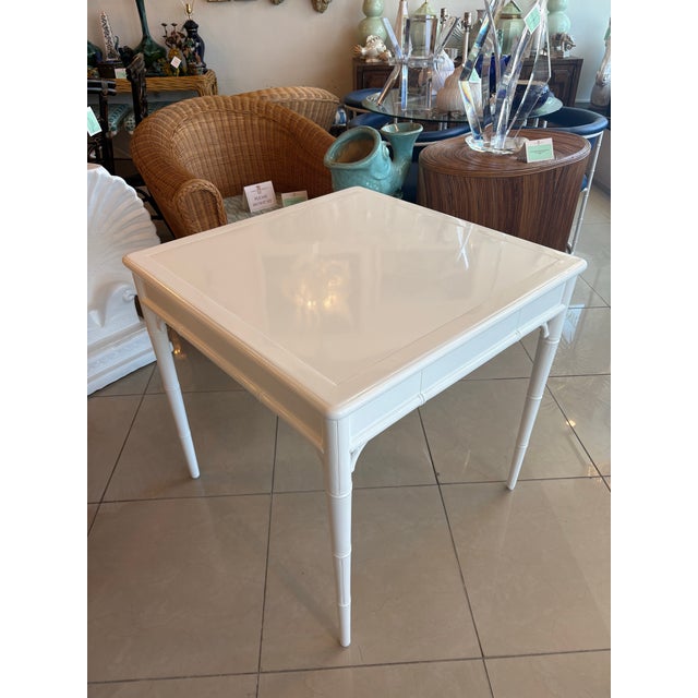Vintage Palm Beach White Newly Lacquered Faux Bamboo Fret Game Table Two Drawers For Sale - Image 4 of 11