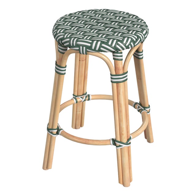 Tobias 24 in. Seat Height Round Rattan Backless Counter Stool, Emerald Green For Sale