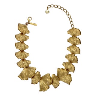 Oscar De La Renta 22k Gold-Plated Pewter & Brass Ginkgo Leaf Statement Necklace For Sale