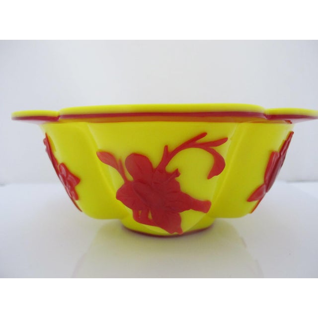 Chinese Imperial Yellow Peking Glass Lobed Bowl Pair With Red Floral Overlay For Sale In Portland, OR - Image 6 of 12