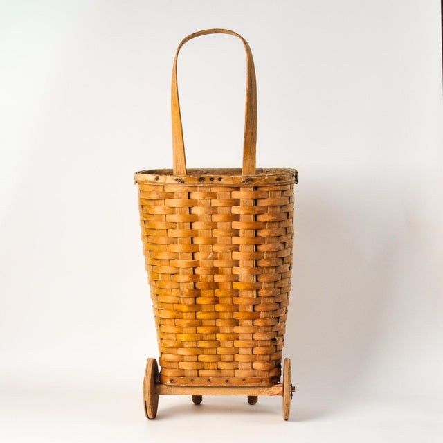 Wood Antique Splint Wood Rolling Basket Cart For Sale - Image 7 of 15
