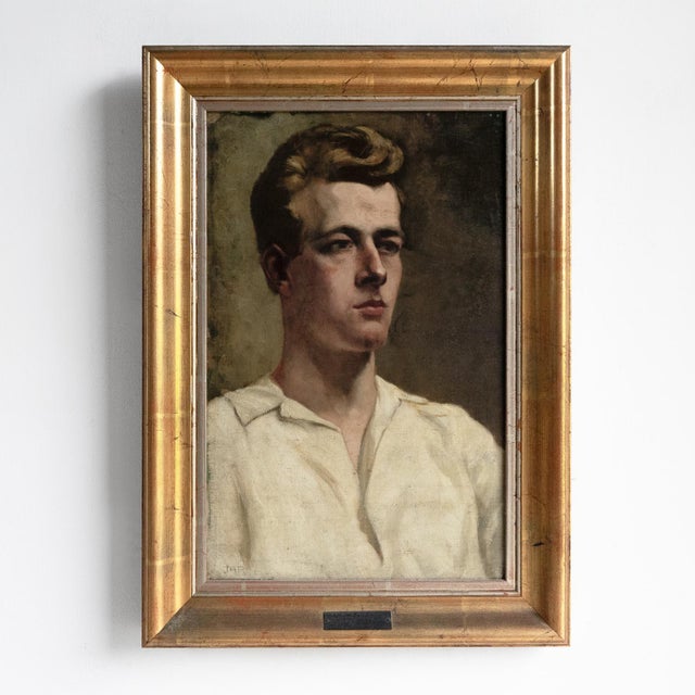 Captivating Portrait of a Man in a White Shirt, Vintage Original Oil Painting, C. 1930s For Sale - Image 9 of 10