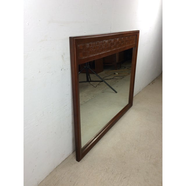 Brown Mid Century Modern Long Rectangular Wall Mirror With Basket Weave Detail on Top Frame For Sale - Image 8 of 9