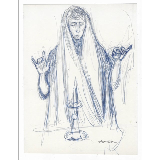 Irving Amen (1918-2011) MCM Jewish ink drawing on paper of a lit Shabbat candle and observer, signed lower right. A...