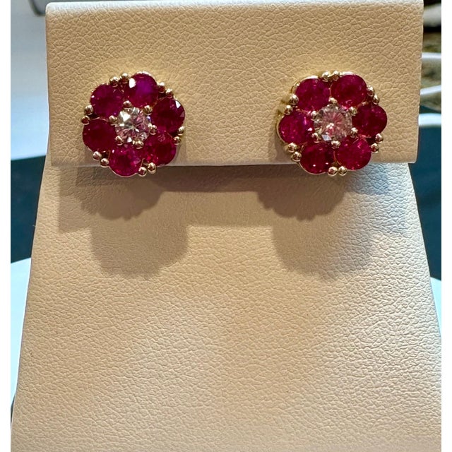 3 Carat Ruby & Diamond Floral Cluster Flower Stud Earrings 14 Karat Yellow Gold For Sale - Image 12 of 18