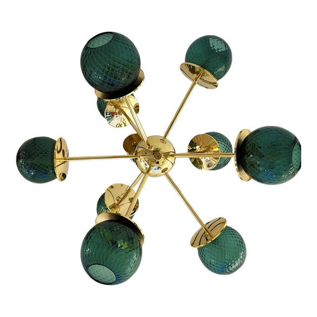 Italian Gold Chandelier Sputnik in Murano Glass Style Green "Balloton" For Sale