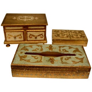 Gilt Wood Trinket Boxes and Tissue Box For Sale