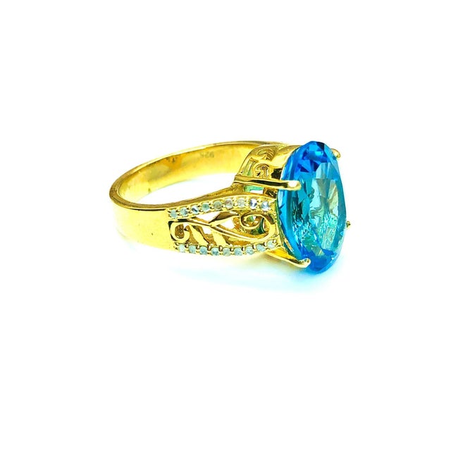 Blue Bochic "Capri" Vintage Blue Topaz & Diamonds Retro Ring 18K Gold & Silver For Sale - Image 8 of 18