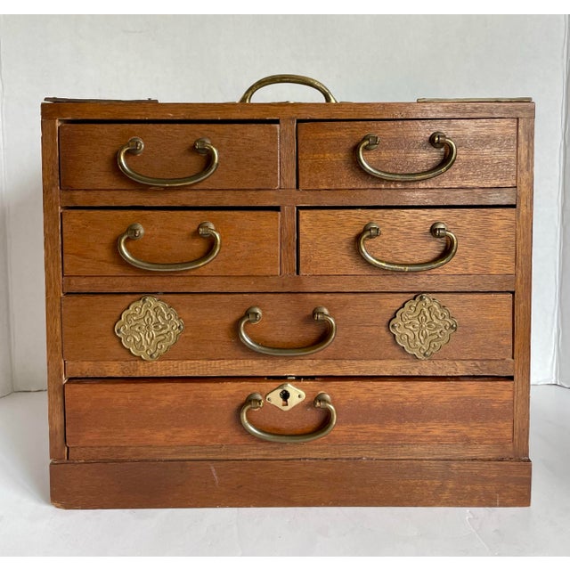 Vintage Japanese Tansu Wood & Brass Six-Drawer Jewelry Chest For Sale - Image 12 of 12