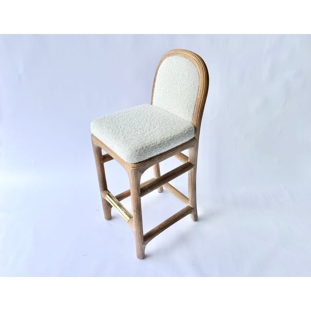 Gabriella Crespi 1970s Pair of Wicker Pencil Reed Brass Upholstered Bar Stools After Gabriella Crespi For Sale - Image 4 of 12