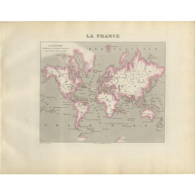 Antique World Map of the French Colonies in Four Continents, 1860 For Sale - Image 3 of 12