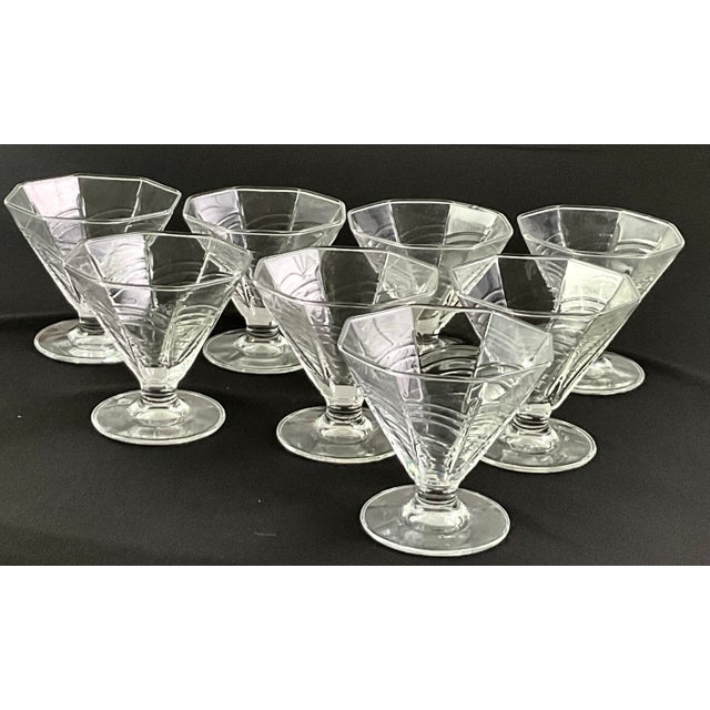 Dansk-Art Deco, footed dessert bowls with an inspired geometric pattern with a flared hexagonal rim and sturdy pedestal...