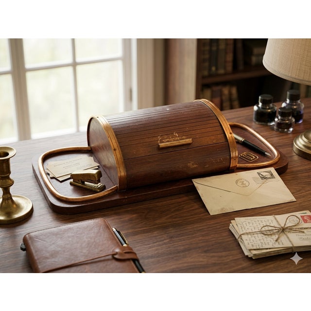 Vintage "Roll Top" Cigarette Box Central compartment with sliding curtain and two small side trays Vintage desk or living...