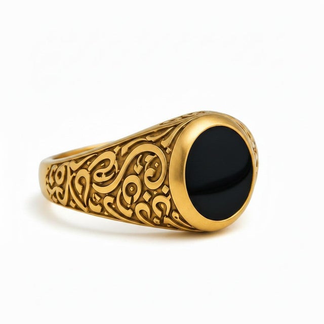 Modern Men’s Black Onyx Ring With Arabic Calligraphy Design, Size 7.5 For Sale - Image 3 of 7