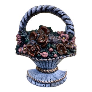 Heavy Cast Iron, Vintage, Woven, Basket-of-Flowers Doorstop, With a Rope Twist Handle, and a Hand-Painted, Polychrome Finish, 1930-1950’s For Sale
