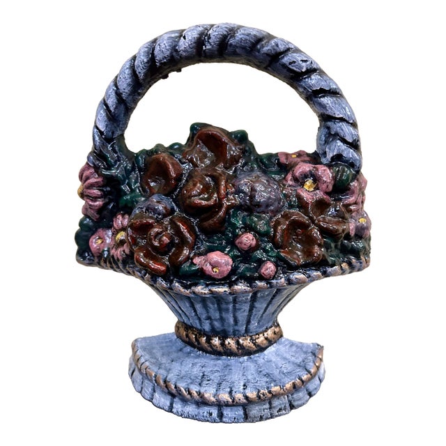 Heavy Cast Iron, Vintage, Woven, Basket-of-Flowers Doorstop, With a Rope Twist Handle, and a Hand-Painted, Polychrome Finish, 1930-1950’s For Sale