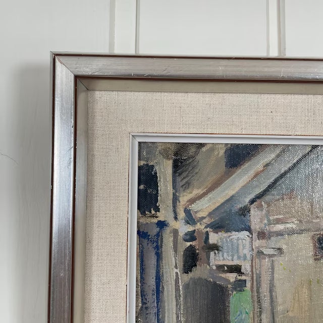 Textile 1949 Mid Century Swedish Modernist Harbour Oil Painting by Edvin Ollers For Sale - Image 7 of 13