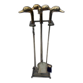 VIntage Brass Mallard Duck Fireplace Tools With Stand- 5 Pieces For Sale