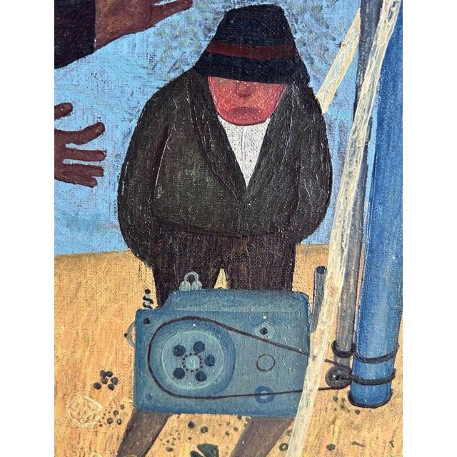 Blue 1960s Vojislav "Vojo" Stanić (Montenegro, 1924-2024) Original Oil on Canvas Folk Art Carousel Scene Dated 1960 For Sale - Image 8 of 11