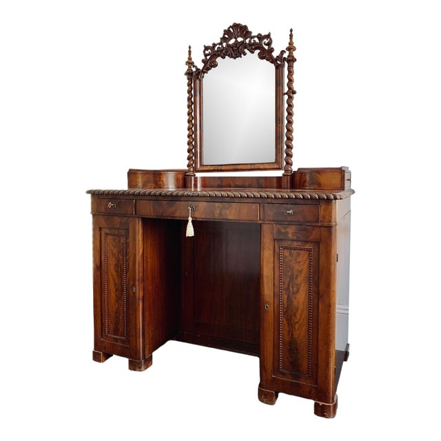 Antique Burr Walnut English Regency Pedestal Dressing Table For Sale