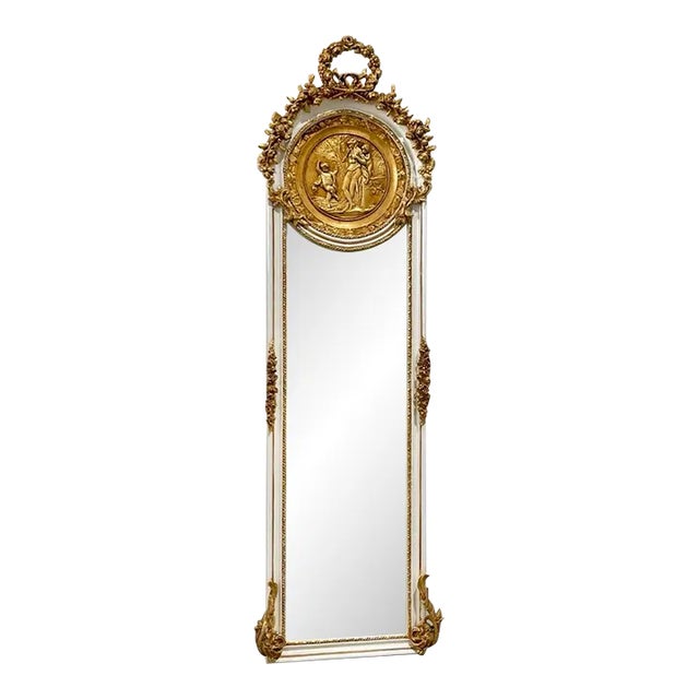 Baroque Style White Mirror With Gold Details For Sale