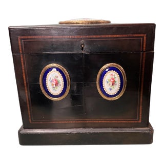 Antique Victorian Keepsake Vanity Cabinet Hand Painted Floral Porcelain Plaques For Sale