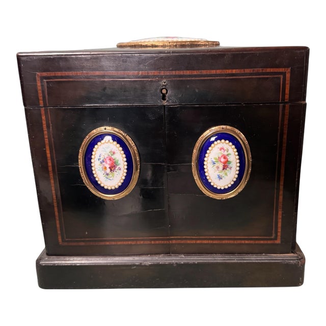 Antique Victorian Keepsake Vanity Cabinet Hand Painted Floral Porcelain Plaques For Sale