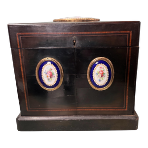 Antique Victorian Keepsake Vanity Cabinet Hand Painted Floral Porcelain Plaques