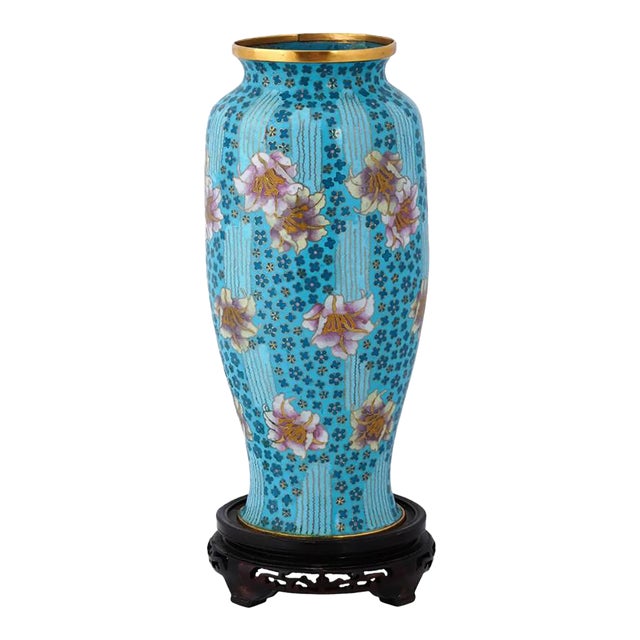 Early 20th Century Large Chinese Floral Cloisonne Enamel Vase With Stand For Sale