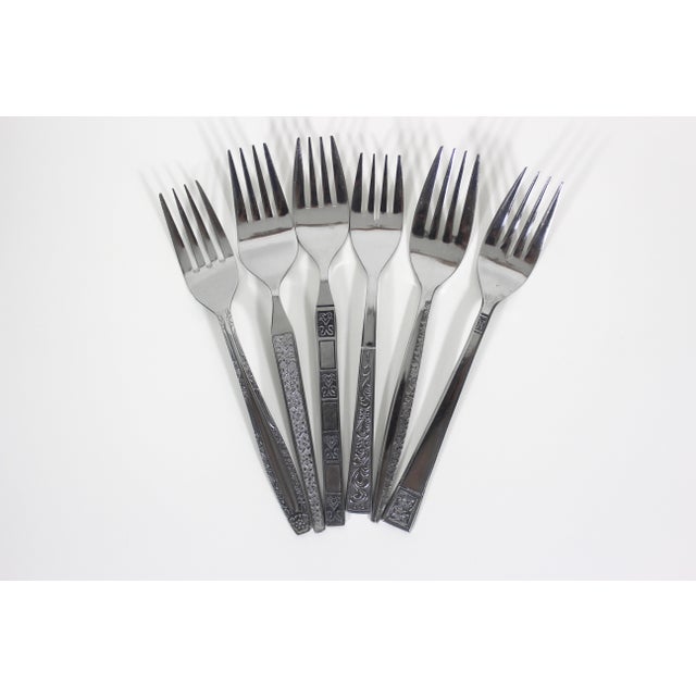 Curated Set of 6 Mid Century Modern Stainless Steel Salad or Dessert Forks, Mismatched Vintage Table Setting, Six Fork, MCM Black Background For Sale - Image 6 of 9