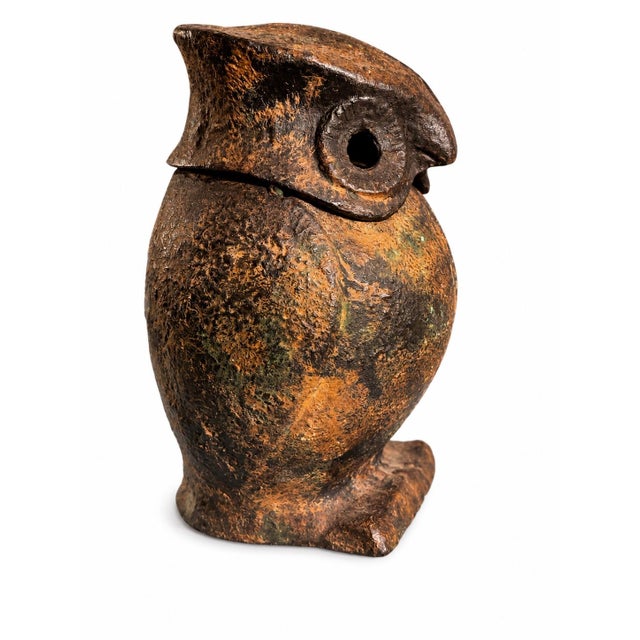 A wonderfully expressive vintage Japanese owl lantern or incense burner, hand-cast in iron during the mid-20th century....
