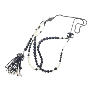 Chanel Rare Black Stone Pearl Dangle Tassel Necklace