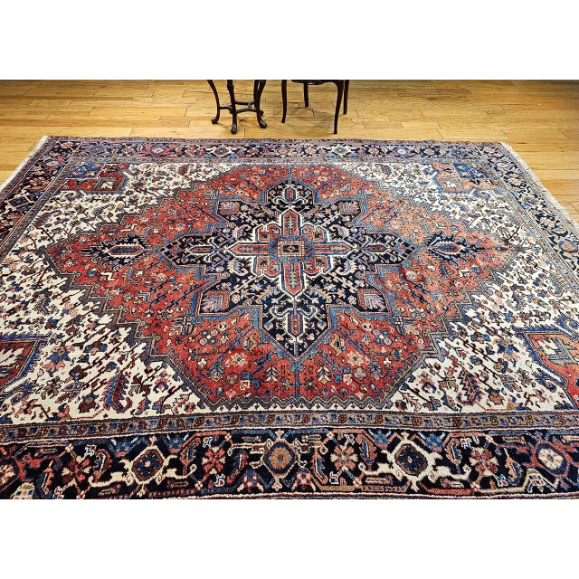Vintage Persian Heriz Rug, Hand-Knotted Wool, Geometric Medallion Pattern, Brick-Red & Navy, 8x11 For Sale - Image 12 of 12