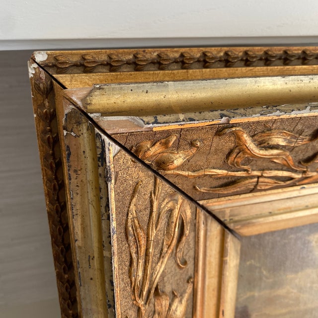 19th Century Scenic Oil on Canvas in Ornate Distressed Gold Gilt Frame - Signed For Sale - Image 9 of 12