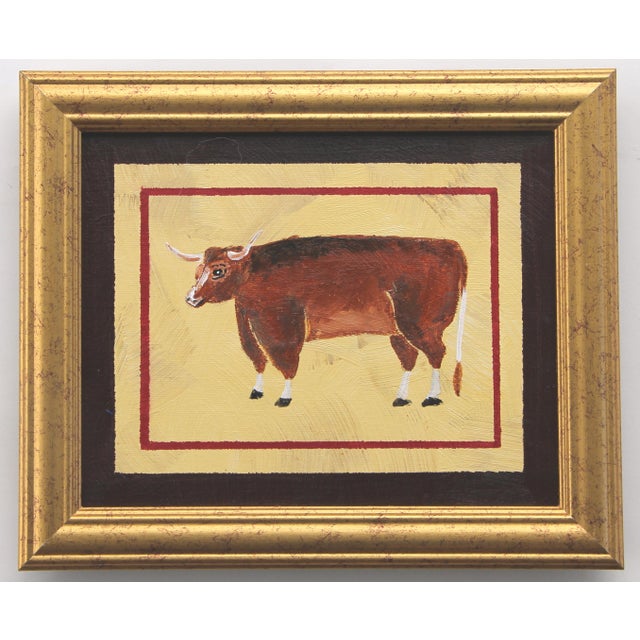 Red steer bull cow, on a goldenrod background with a hint of burgundy in the border. Realism , Folk Art, English...
