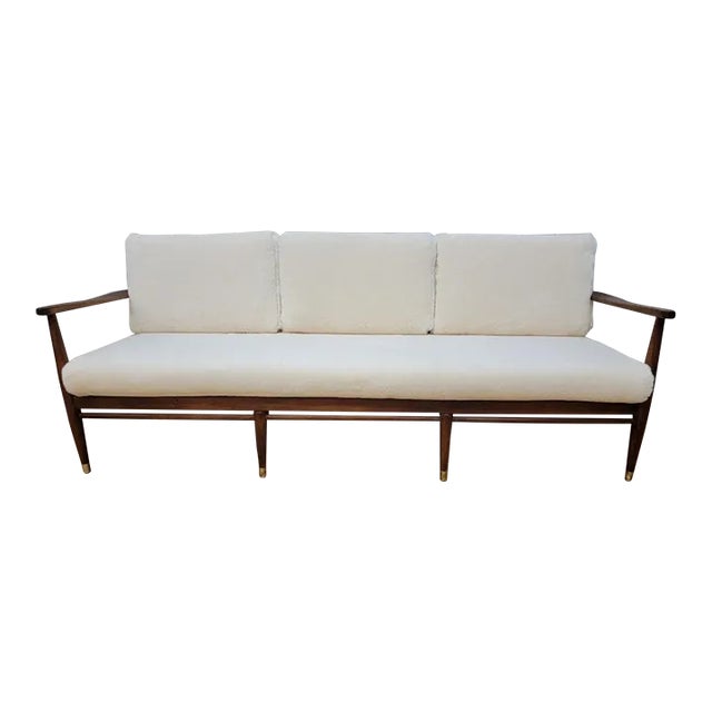 Danish Modern Sofa Newly Reupholstered in Ivory Sheep’s Wool Shearling by Ib Kofod-Larsen For Sale