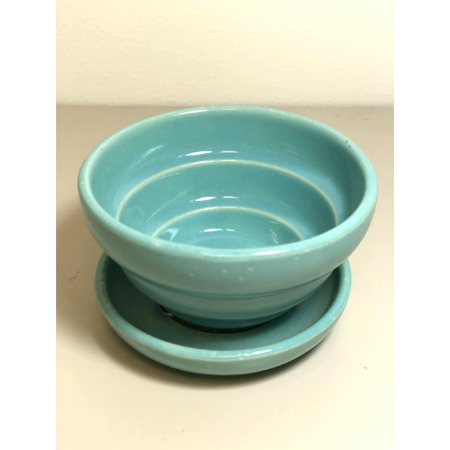 Mid 20th Century McCoy Pottery 1940s - 1960s Small “Teal Blue" Mid-Century Flowerpot and Saucer For Sale - Image 5 of 5