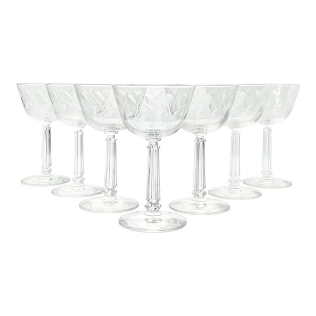 1950s Libbey “Crystal Leaf” Set of 7 Coupe Champagne Glasses For Sale